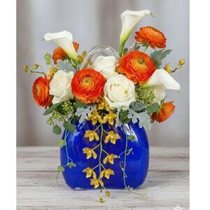 Murano Style 10" X 6"  Cobalt Blue Gold  Adventurine Sparkle Handbag Purse Vase